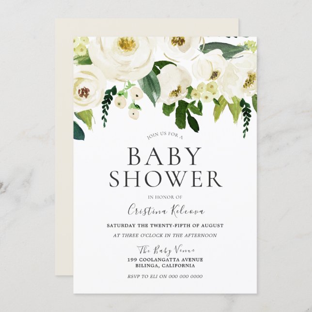 White Flowers & Cream Elegant Baby Shower Invitation (Front/Back)