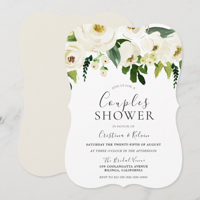 White Flowers & Cream Elegant Couples Shower Invitation (Front/Back)