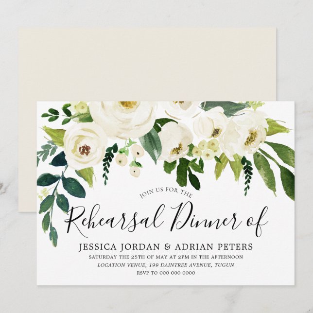 White Flowers & Cream Elegant Rehearsal Dinner Invitation (Front/Back)