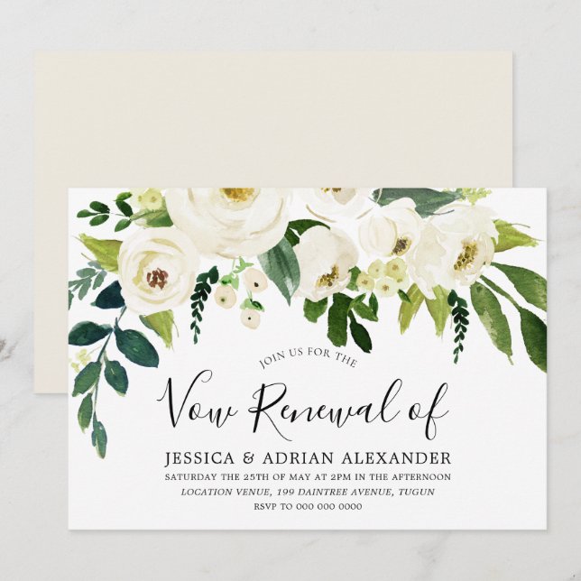 White Flowers & Cream Elegant Vow Renewal Invitation (Front/Back)