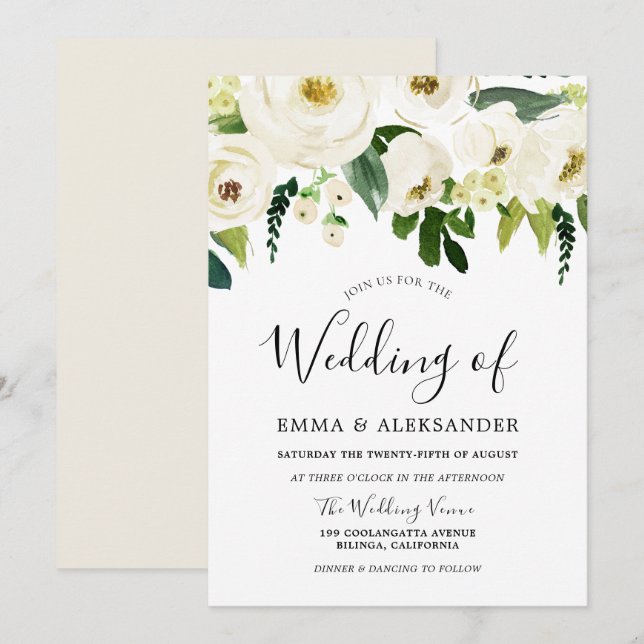 White Flowers & Cream Elegant Wedding Invitation (Front/Back)