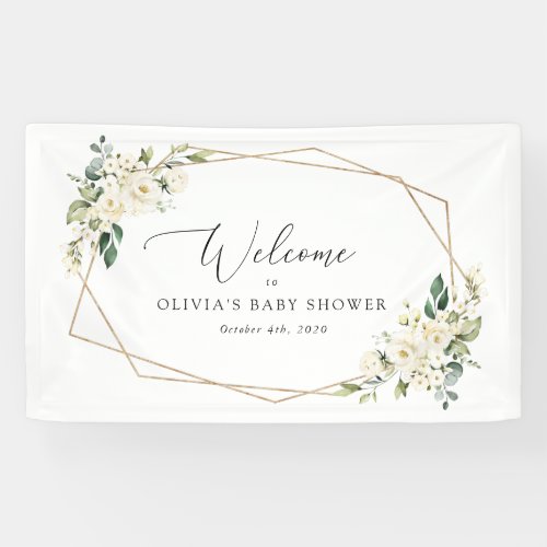 White Flowers Cream Flowers Baby Shower Welcome Banner