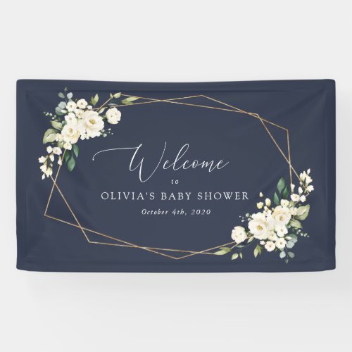 White Flowers Cream Flowers Baby Shower Welcome Banner