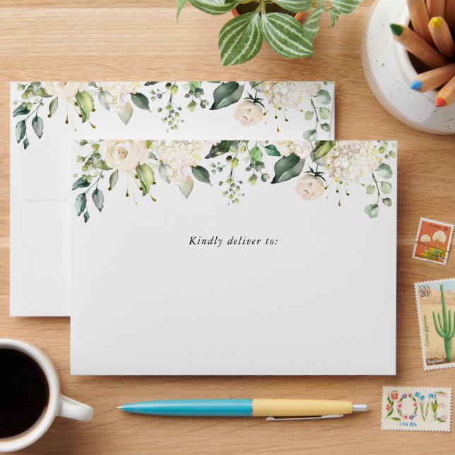 White Flowers, Cream Flowers, Boho, Baby Shower Envelope (Desk)