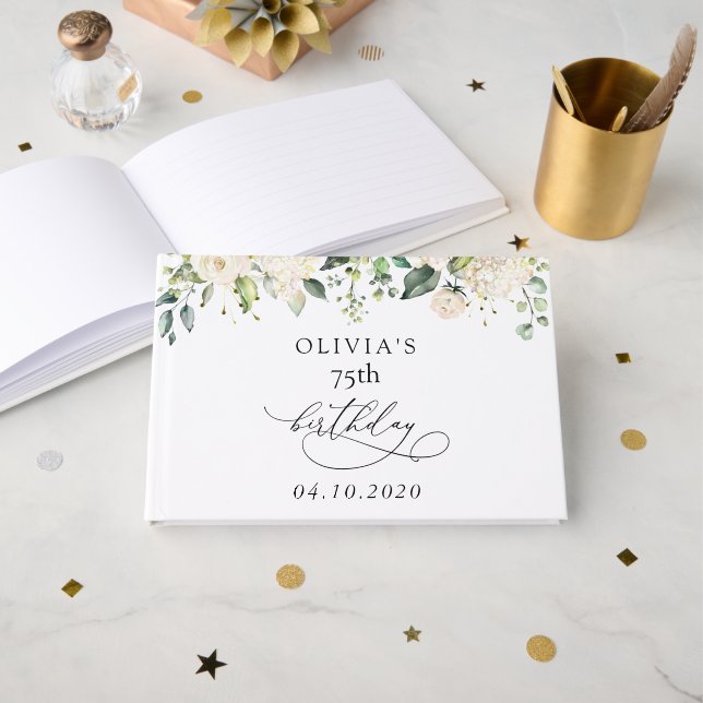 White Flowers, Cream Flowers, Boho, Birthday Guest Book (Front Open)