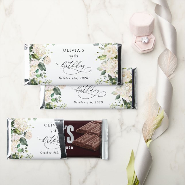 White Flowers, Cream Flowers, Boho, Birthday Hershey Bar Favors (Front)