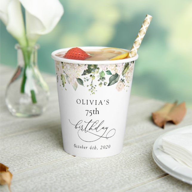 White Flowers, Cream Flowers, Boho, Birthday Paper Cups (Insitu)
