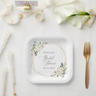 White Flowers, Cream Flowers, Boho, Bridal Shower Paper Plates