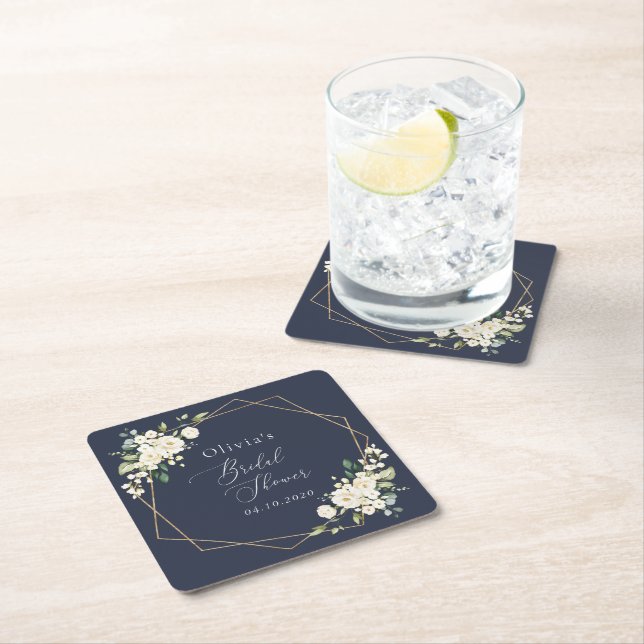 White Flowers, Cream Flowers, Boho, Bridal Shower Square Paper Coaster (Insitu)