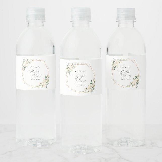 White Flowers, Cream Flowers, Boho, Bridal Shower Water Bottle Label (Bottles)