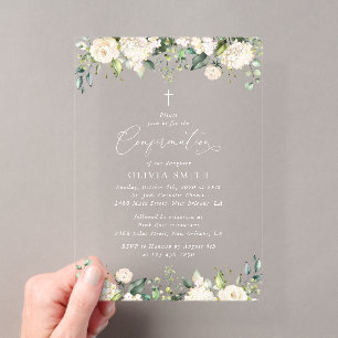 White Flowers, Cream Flowers, Boho, Confirmation Acrylic Invitations