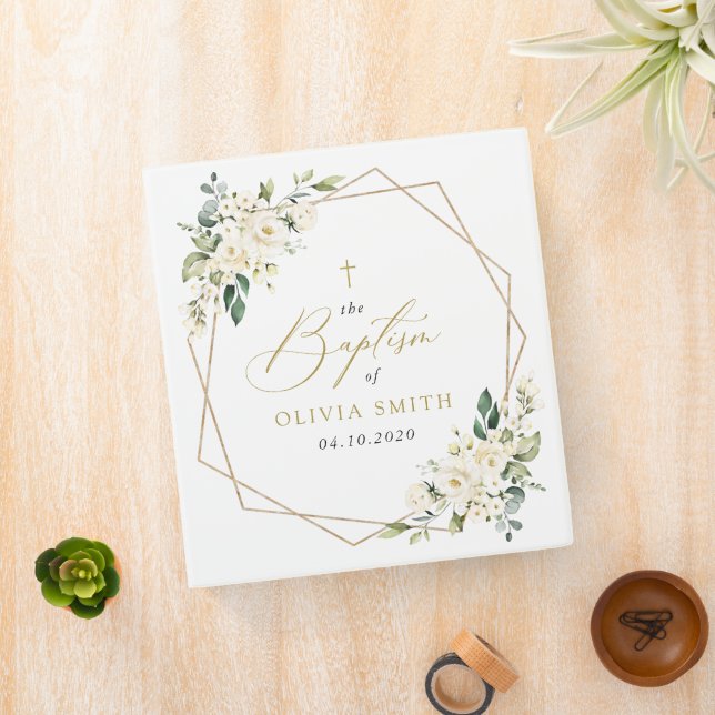 White Flowers, Cream Flowers, Boho, Floral Baptism 3 Ring Binder (In Situ)