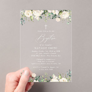White Flowers, Cream Flowers, Boho, Floral Baptism Acrylic Invitations