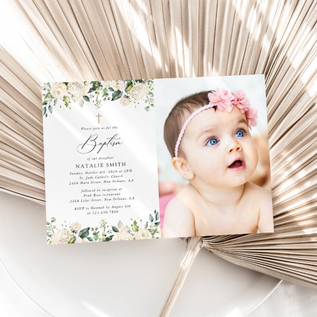 White Flowers, Cream Flowers, Boho, Floral Baptism Invitation (Creator Uploaded)