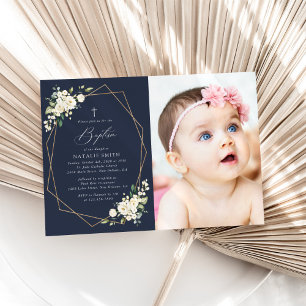 White Flowers, Cream Flowers, Boho, Floral Baptism Invitation