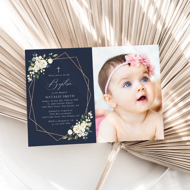 White Flowers, Cream Flowers, Boho, Floral Baptism Invitation (Creator Uploaded)