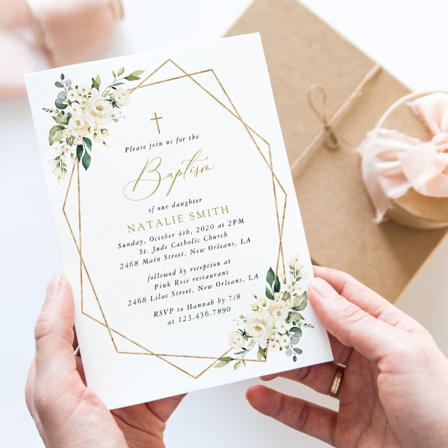 White Flowers, Cream Flowers, Boho, Floral Baptism Invitation (Creator Uploaded)