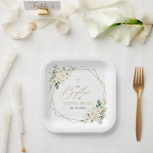 White Flowers, Cream Flowers, Boho, Floral Baptism Paper Plates