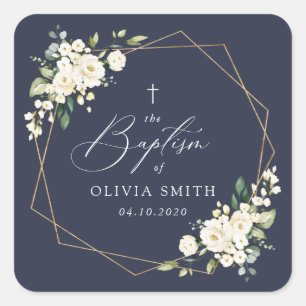 White Flowers, Cream Flowers, Boho, Floral Baptism Square Sticker
