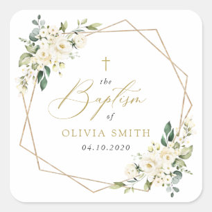 White Flowers, Cream Flowers, Boho, Floral Baptism Square Sticker