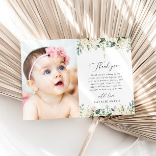 White Flowers, Cream Flowers, Boho, Floral Baptism Thank You Card