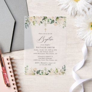 White Flowers, Cream Flowers, Boho, Floral Baptism Vellum Invitations
