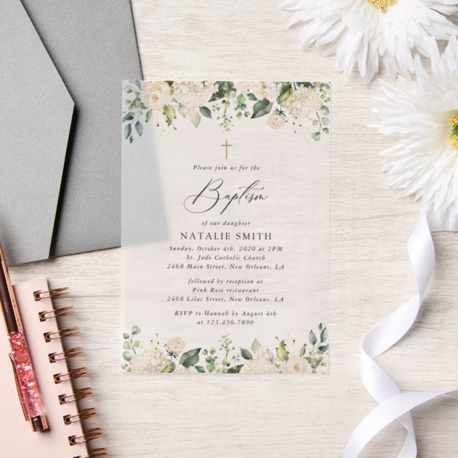 White Flowers, Cream Flowers, Boho, Floral Baptism Vellum Invitations (Wedding)