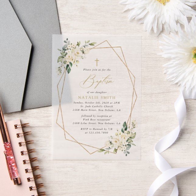 White Flowers, Cream Flowers, Boho, Floral Baptism Vellum Invitations (Wedding)