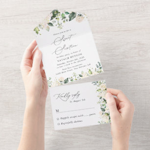 White Flowers, Cream Flowers, Boho, Sweet 16 All In One Invitation