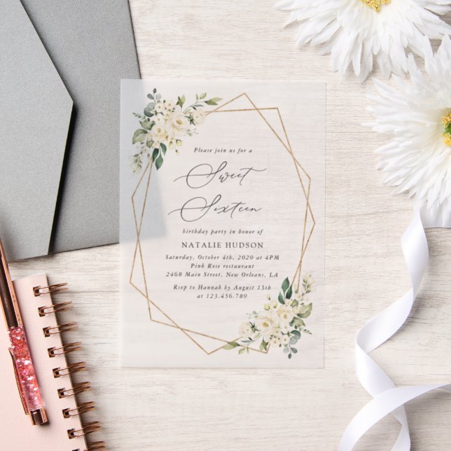 White Flowers, Cream Flowers, Boho, Sweet 16  Vellum Invitations (Wedding)