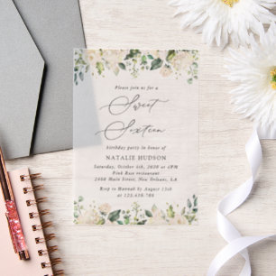 White Flowers, Cream Flowers, Boho, Sweet 16 Vellum Invitations