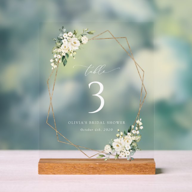 White Flowers, Cream Flowers, Boho, Table Numbers Acrylic Sign (Neutral)