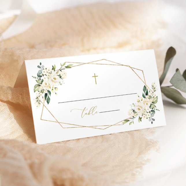 White Flowers, Cream Flowers, Greenery, Baptism Place Card (Creator Uploaded)