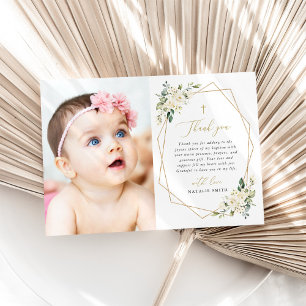 White Flowers, Cream Flowers, Greenery, Baptism Thank You Card