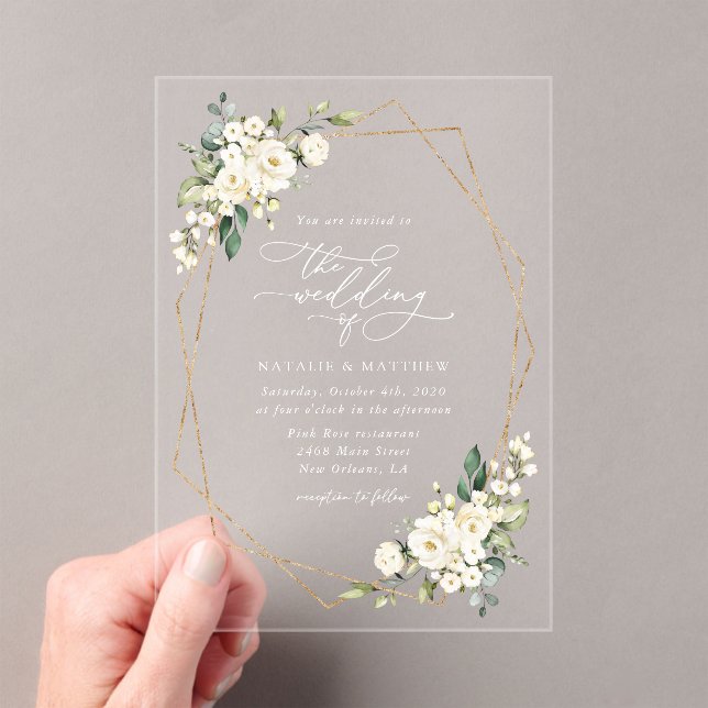 White Flowers, Cream Flowers, Greenery, Wedding Acrylic Invitations (Insitu (Handheld))