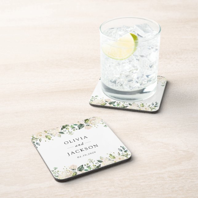 White Flowers, Cream Flowers, Greenery, Wedding  Beverage Coaster (Right Side)