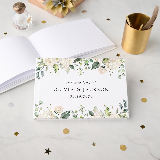 White Flowers, Cream Flowers, Greenery, Wedding Guest Book (Front Open)