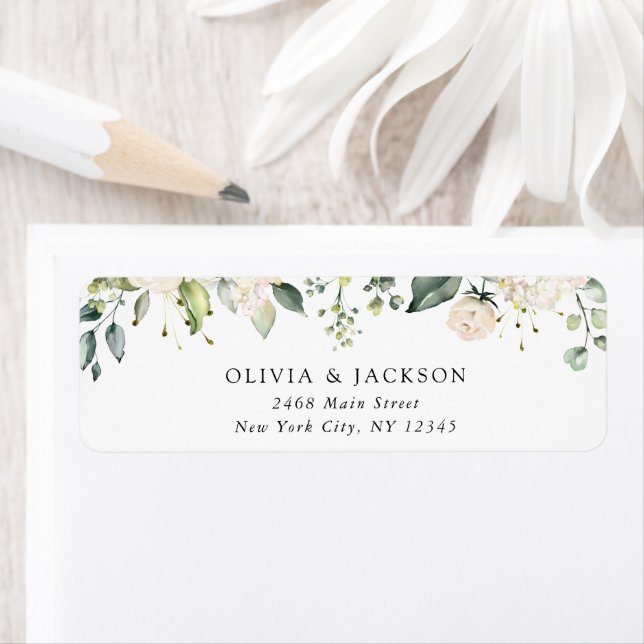 White Flowers, Cream Flowers, Greenery, Wedding  Label (Insitu)