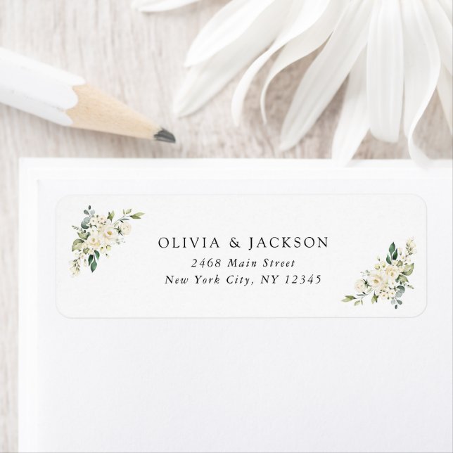 White Flowers, Cream Flowers, Greenery, Wedding Label (Insitu)