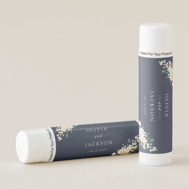 White Flowers, Cream Flowers, Greenery, Wedding Lip Balm (Front)