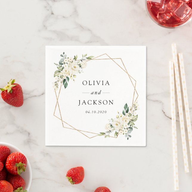 White Flowers, Cream Flowers, Greenery, Wedding Napkins (Insitu)