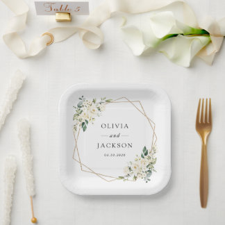 White Flowers, Cream Flowers, Greenery, Wedding Paper Plates