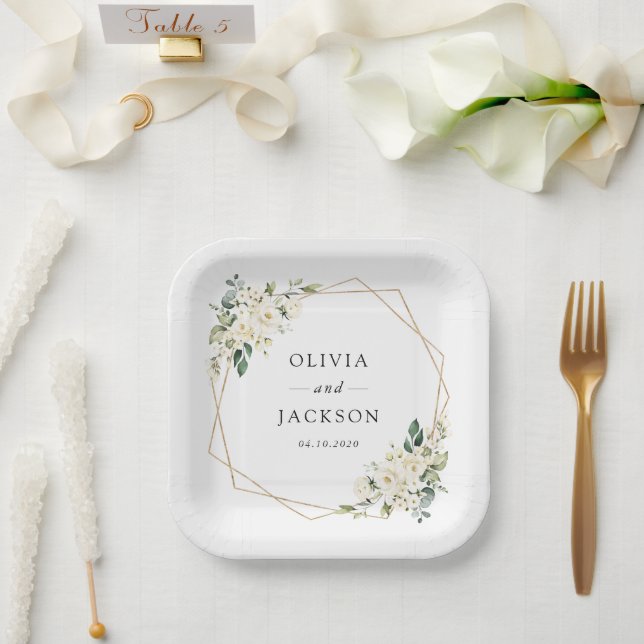 White Flowers, Cream Flowers, Greenery, Wedding Paper Plates (Wedding)