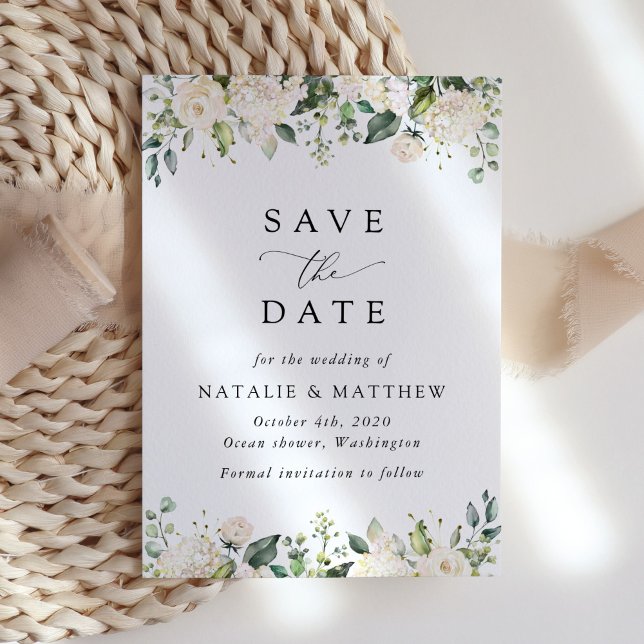 White Flowers, Cream Flowers, Greenery, Wedding Save The Date (Creator Uploaded)