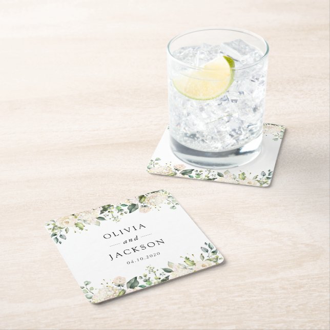 White Flowers, Cream Flowers, Greenery, Wedding  Square Paper Coaster (Insitu)