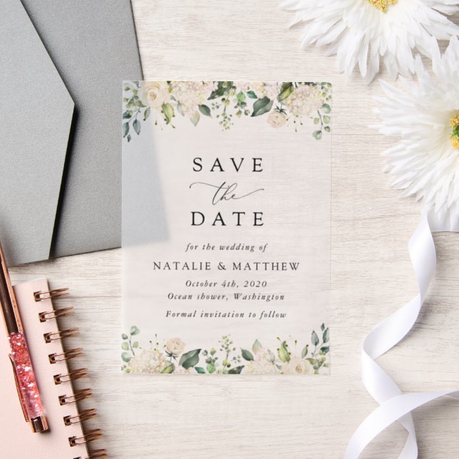 White Flowers, Cream Flowers, Greenery, Wedding Vellum Invitations (Wedding)