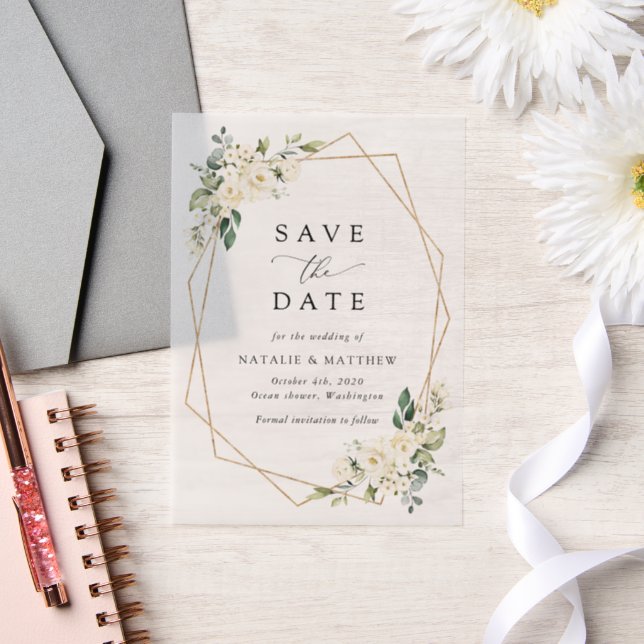 White Flowers, Cream Flowers, Greenery, Wedding Vellum Invitations (Wedding)
