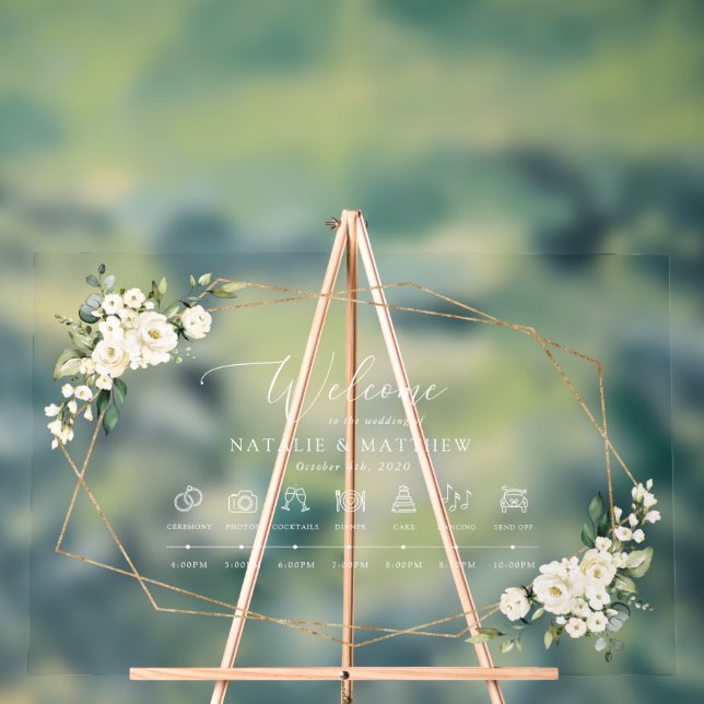 White Flowers, Cream Flowers, Wedding Timeline Acrylic Sign (Neutral)