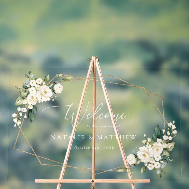 White Flowers, Cream Flowers, Wedding Welcome Acrylic Sign (Neutral)