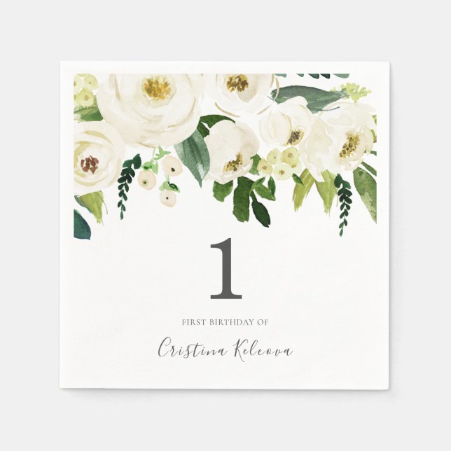 White Flowers & Cream Girls 1st Birthday Party Napkins (Front)